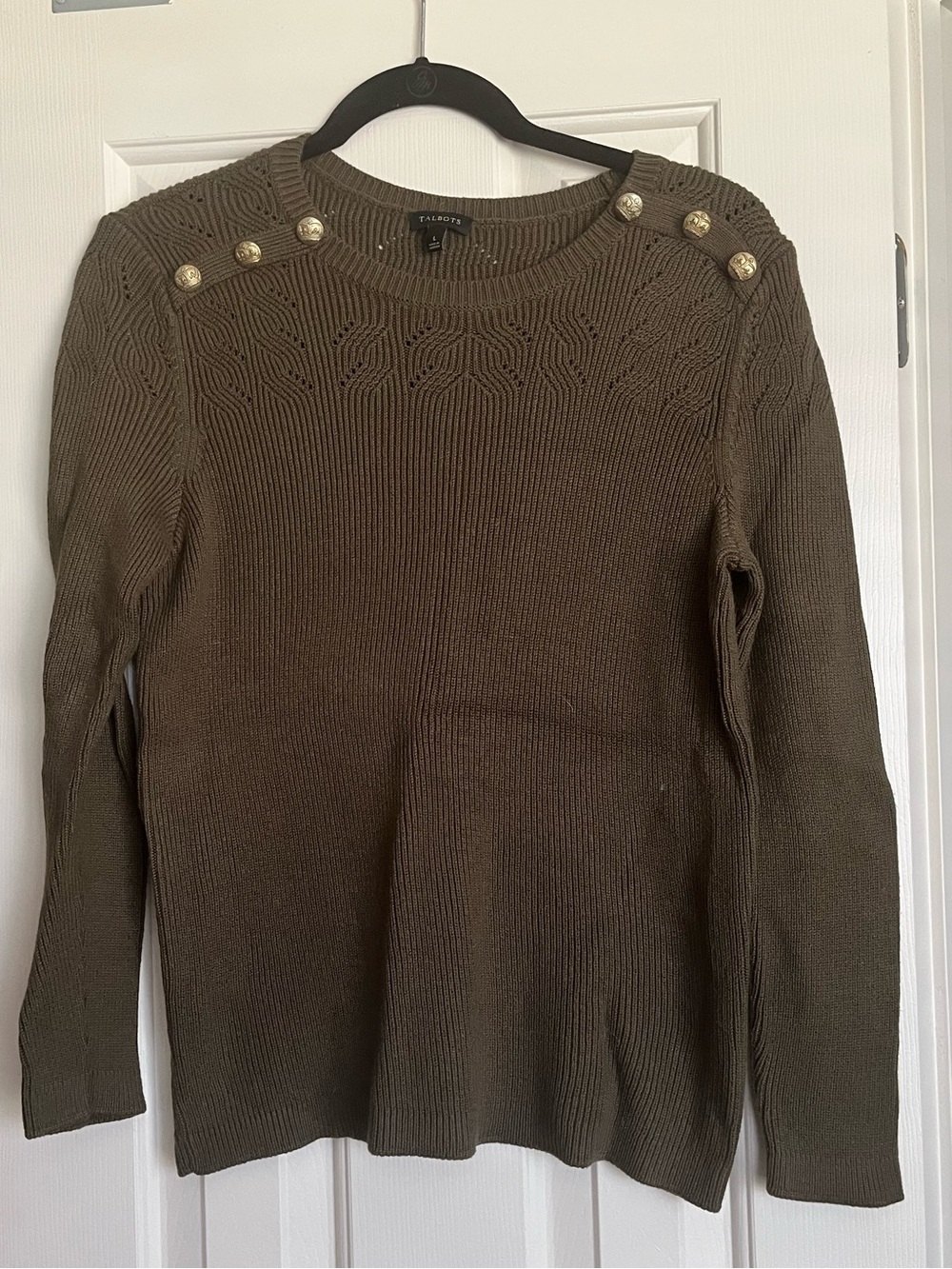 Talbots Olive Button-Shoulder Knit Sweater
